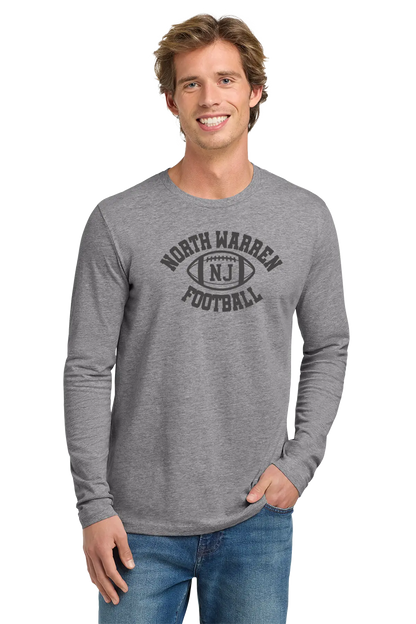 Man wearing a gray long-sleeve shirt with 'North Warren Football' text on a white background. Paper Street Print Co, Blairstown, NJ.