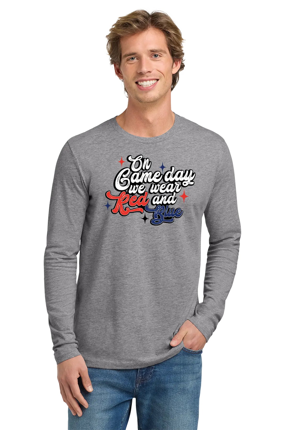 Man wearing a gray long-sleeve shirt with text, standing against a white background. Paper Street Print Co, Blairstown, NJ.