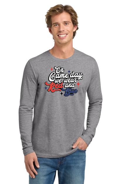 Man wearing a gray long-sleeve shirt with text, standing against a white background. Paper Street Print Co, Blairstown, NJ.