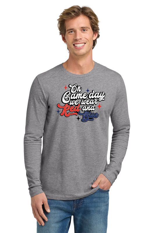 Man wearing a gray long-sleeve shirt with text, standing against a white background. Paper Street Print Co, Blairstown, NJ.