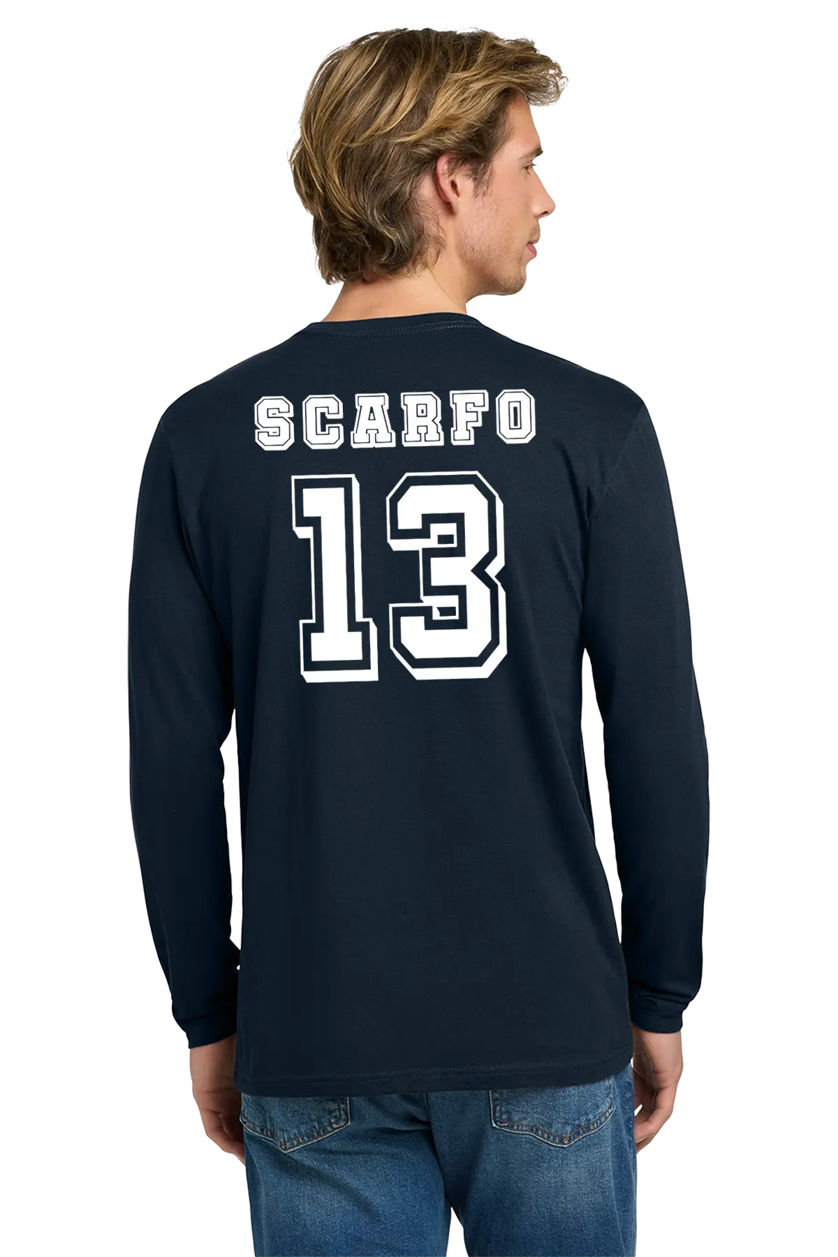Person wearing a navy long-sleeve shirt with 'SCARFO' and number '13' on the back. Paper Street Print Co, Blairstown, NJ.