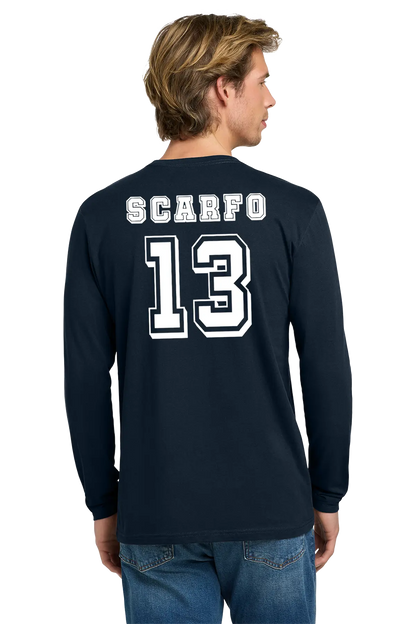 Person wearing a navy long-sleeve shirt with 'SCARFO' and number '13' on the back. Paper Street Print Co, Blairstown, NJ.