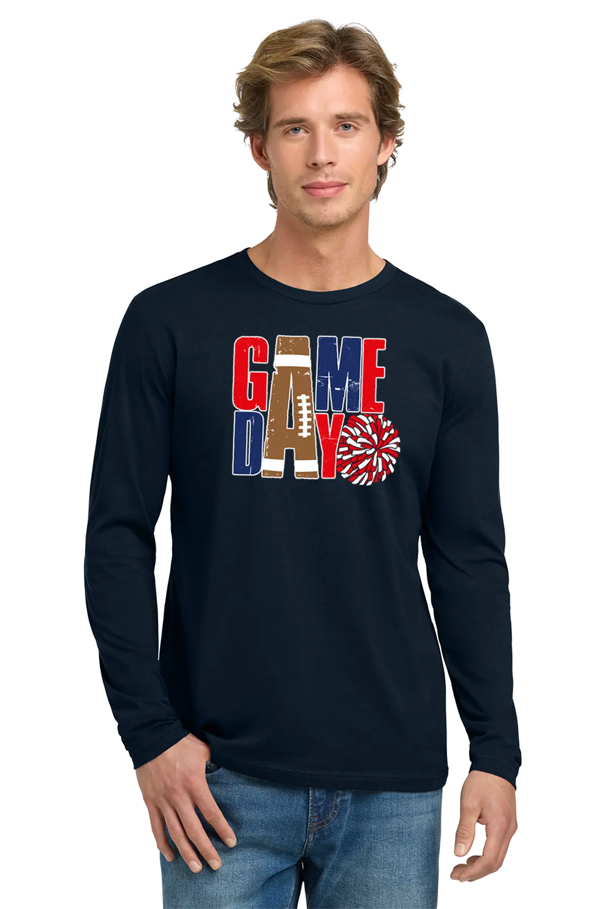 Man wearing a navy long-sleeve shirt with 'GAMEDAY' print on a white background. Paper Street Print Co, Blairstown, NJ.