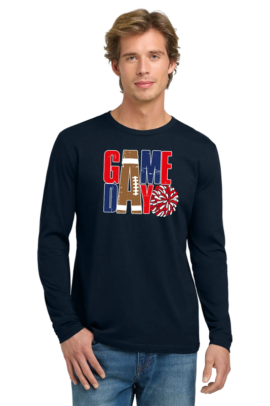Man wearing a navy long-sleeve shirt with 'GAMEDAY' print on a white background. Paper Street Print Co, Blairstown, NJ.