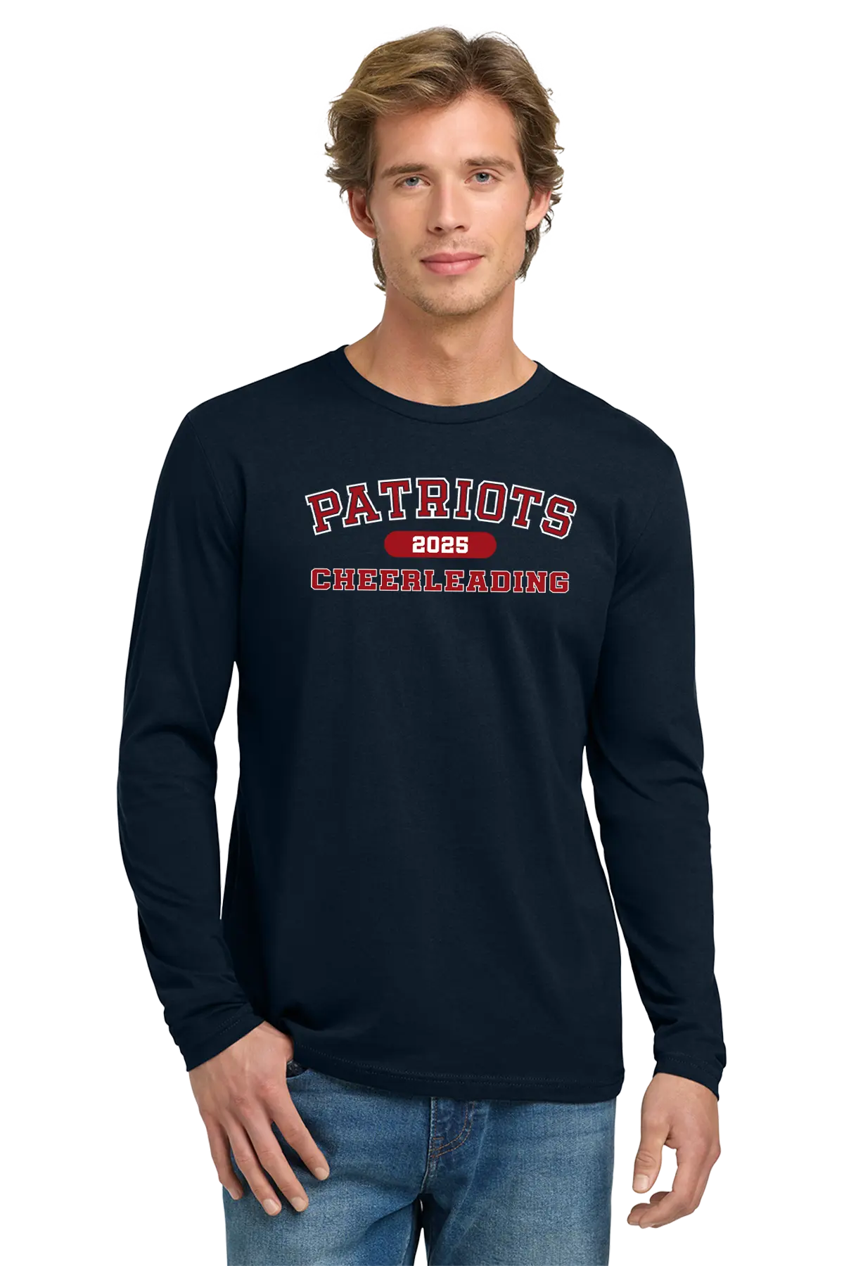 Man wearing a navy long-sleeve shirt with 'Patriots 2023 Cheerleading' text on a white background. Paper Street Print Co, Blairstown, NJ.