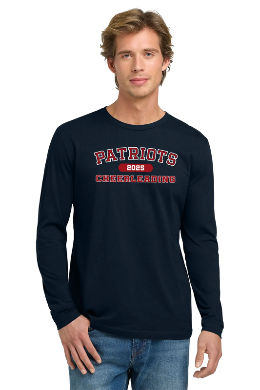 Man wearing a navy long-sleeve shirt with 'Patriots 2023 Cheerleading' text on a white background. Paper Street Print Co, Blairstown, NJ.