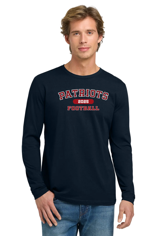 Man wearing a navy long-sleeve shirt with 'Patriots Football' text on a white background. Paper Street Print Co, Blairstown, NJ.