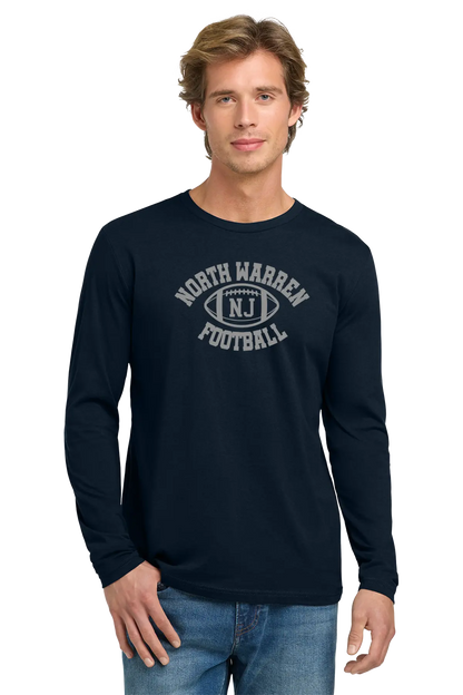 Man wearing a navy long-sleeve shirt with 'North Warren N.J. Football' text on a white background. Paper Street Print Co, Blairstown, NJ.
