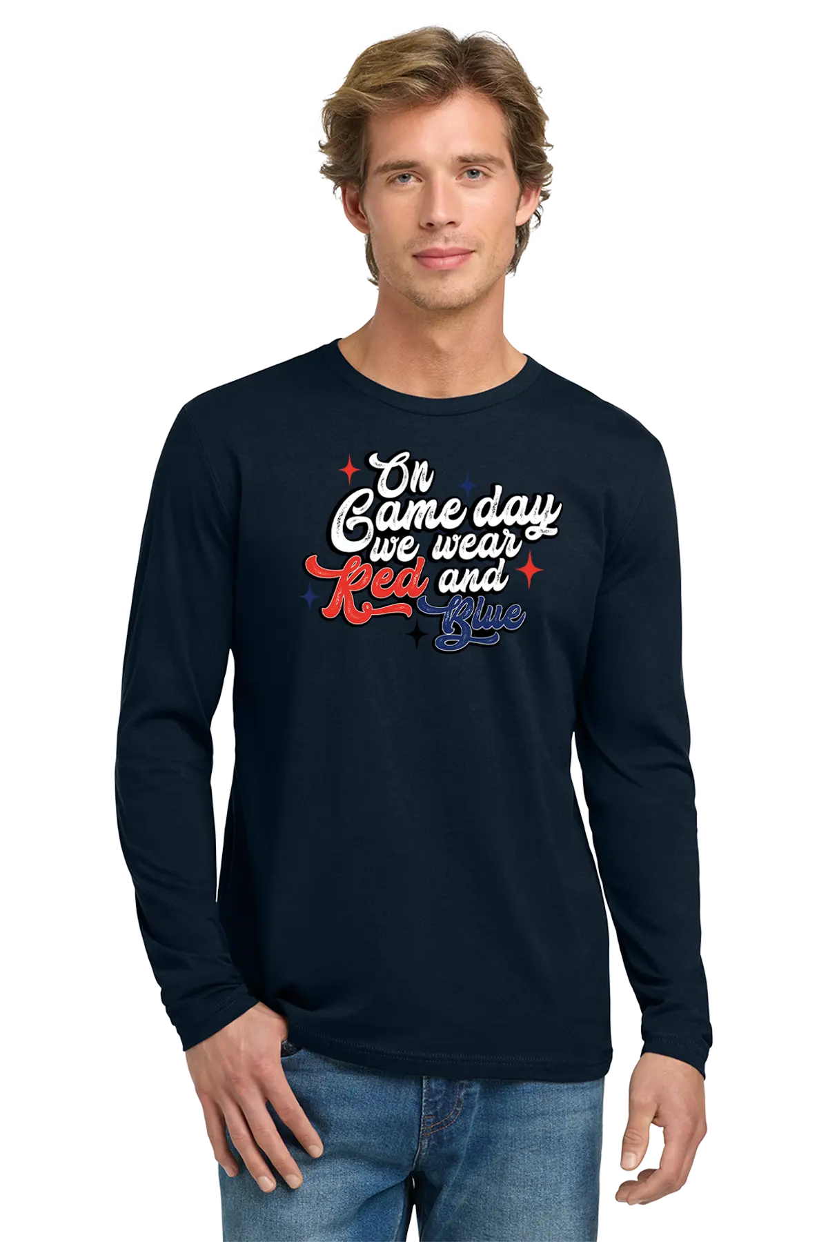 Man wearing a navy long-sleeve shirt with text design on a white background. Paper Street Print Co, Blairstown, NJ.