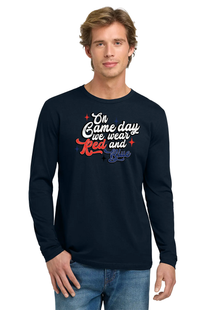 Man wearing a navy long-sleeve shirt with text design on a white background. Paper Street Print Co, Blairstown, NJ.