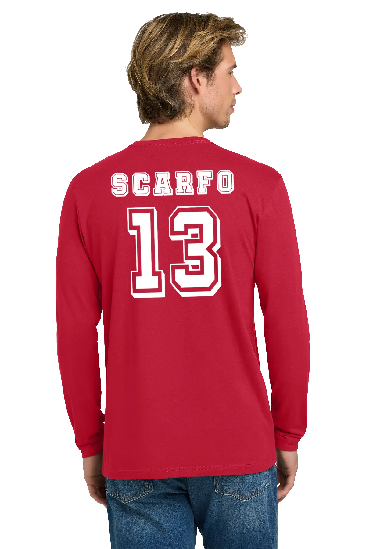Person wearing a red long-sleeve shirt with 'Scarfo 13' printed on the back. Paper Street Print Co, Blairstown, NJ.