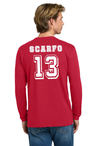 Person wearing a red long-sleeve shirt with 'Scarfo 13' printed on the back. Paper Street Print Co, Blairstown, NJ.