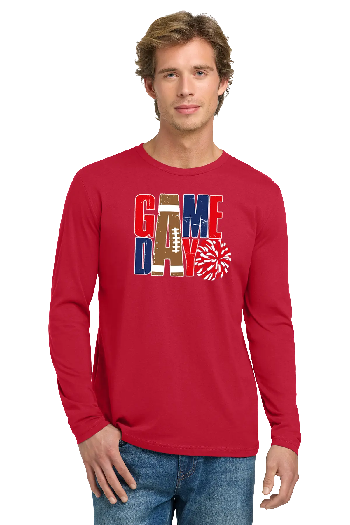 Man wearing a red long-sleeve shirt with 'GAME DAY' print on a white background. Paper Street Print Co, Blairstown, NJ.