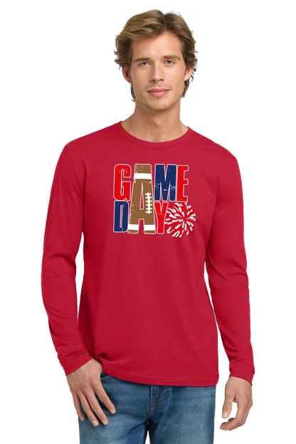 Man wearing a red long-sleeve shirt with 'GAME DAY' print on a white background. Paper Street Print Co, Blairstown, NJ.