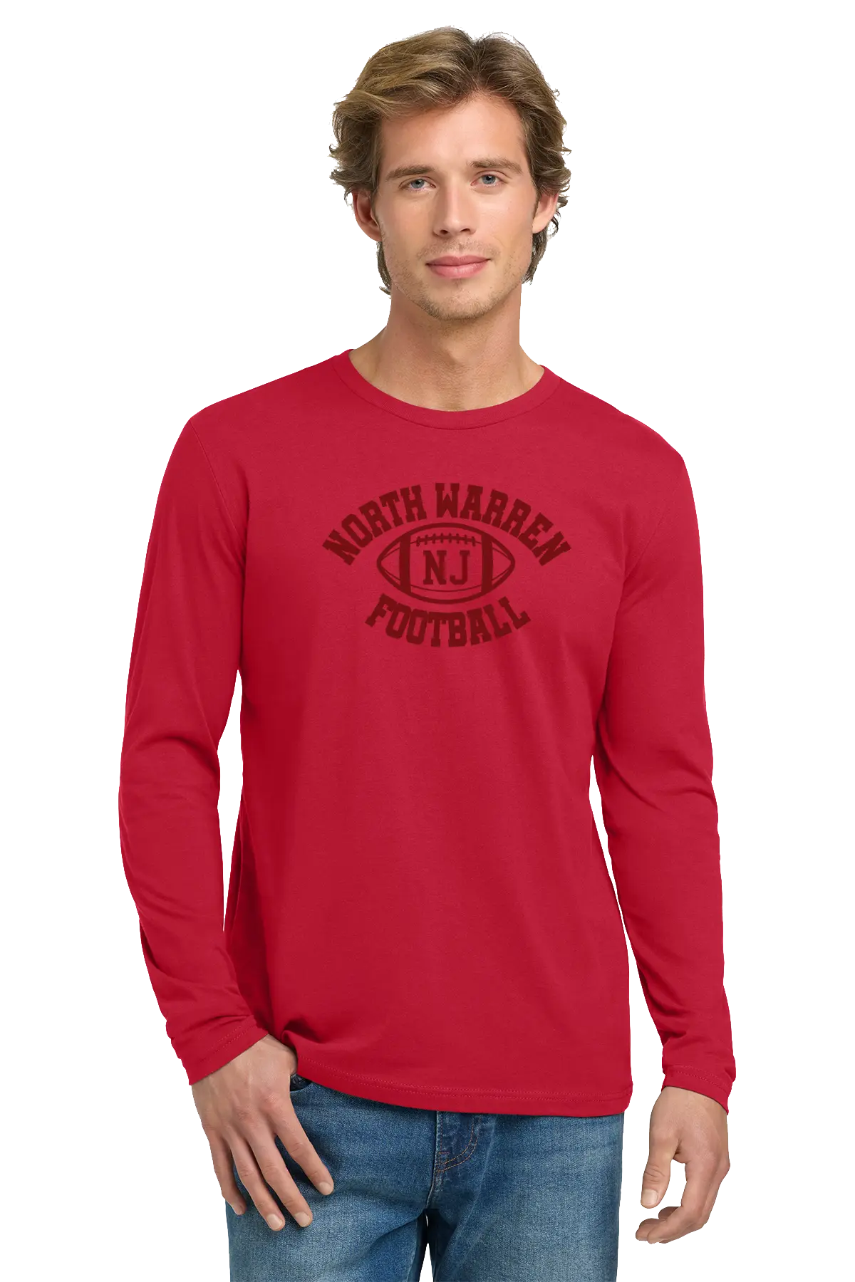 Man wearing a red long-sleeve shirt with 'North Warren Football' text on a white background. Paper Street Print Co, Blairstown, NJ.