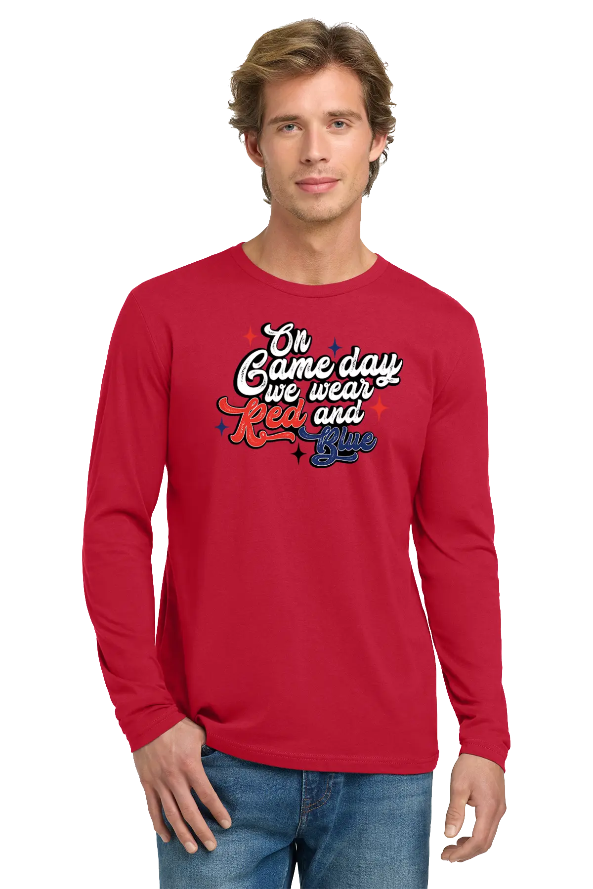 Man wearing a red long-sleeve shirt with text on a white background. Paper Street Print Co, Blairstown, NJ.