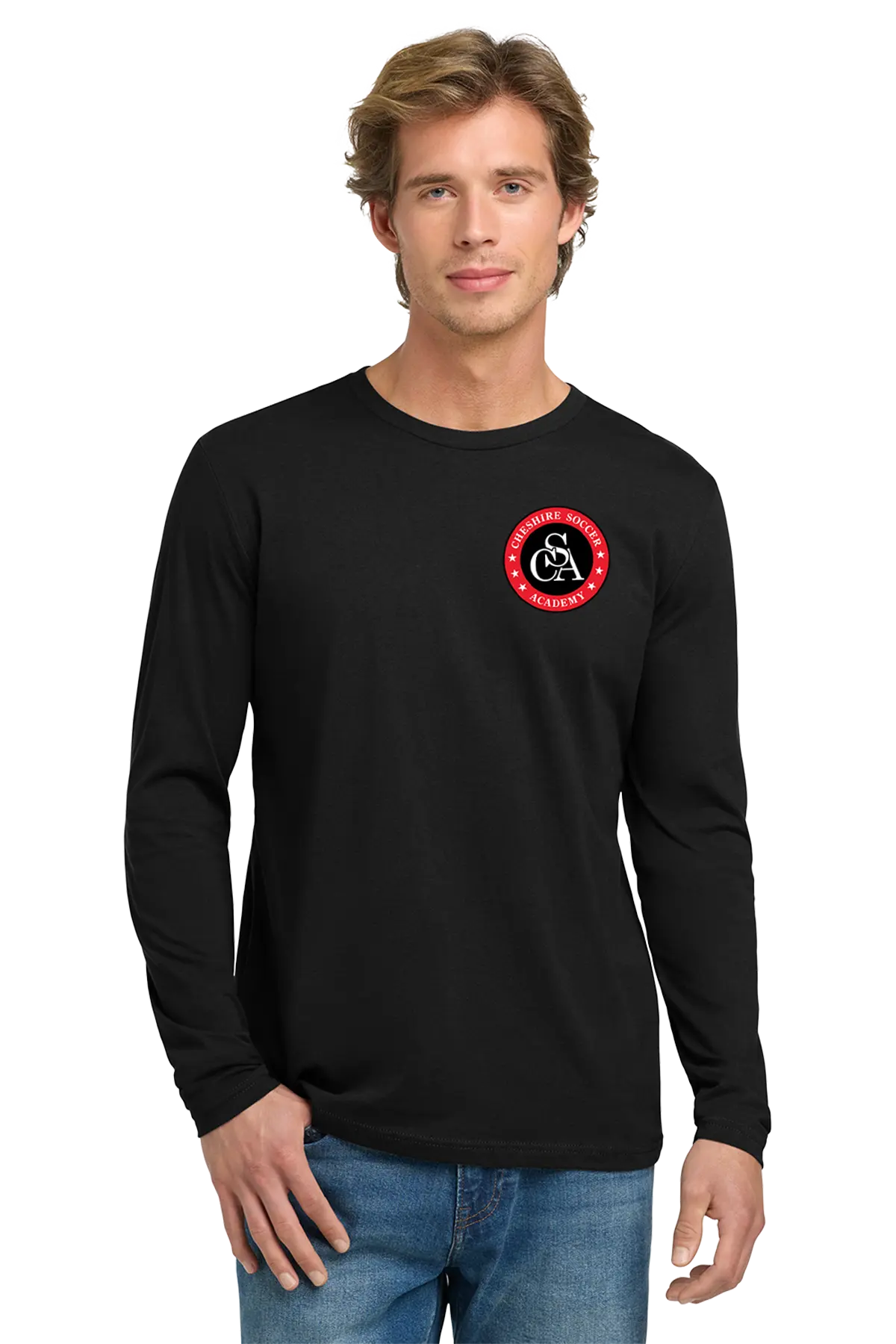 Man wearing a gray long-sleeve shirt with a logo on a white background. Paper Street Print Co, Blairstown, NJ.