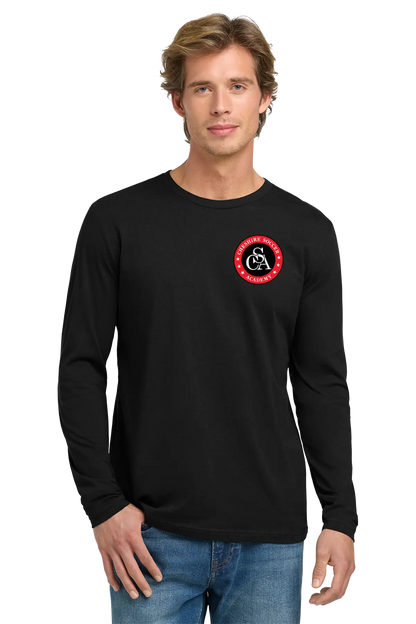 Man wearing a gray long-sleeve shirt with a logo on a white background. Paper Street Print Co, Blairstown, NJ.