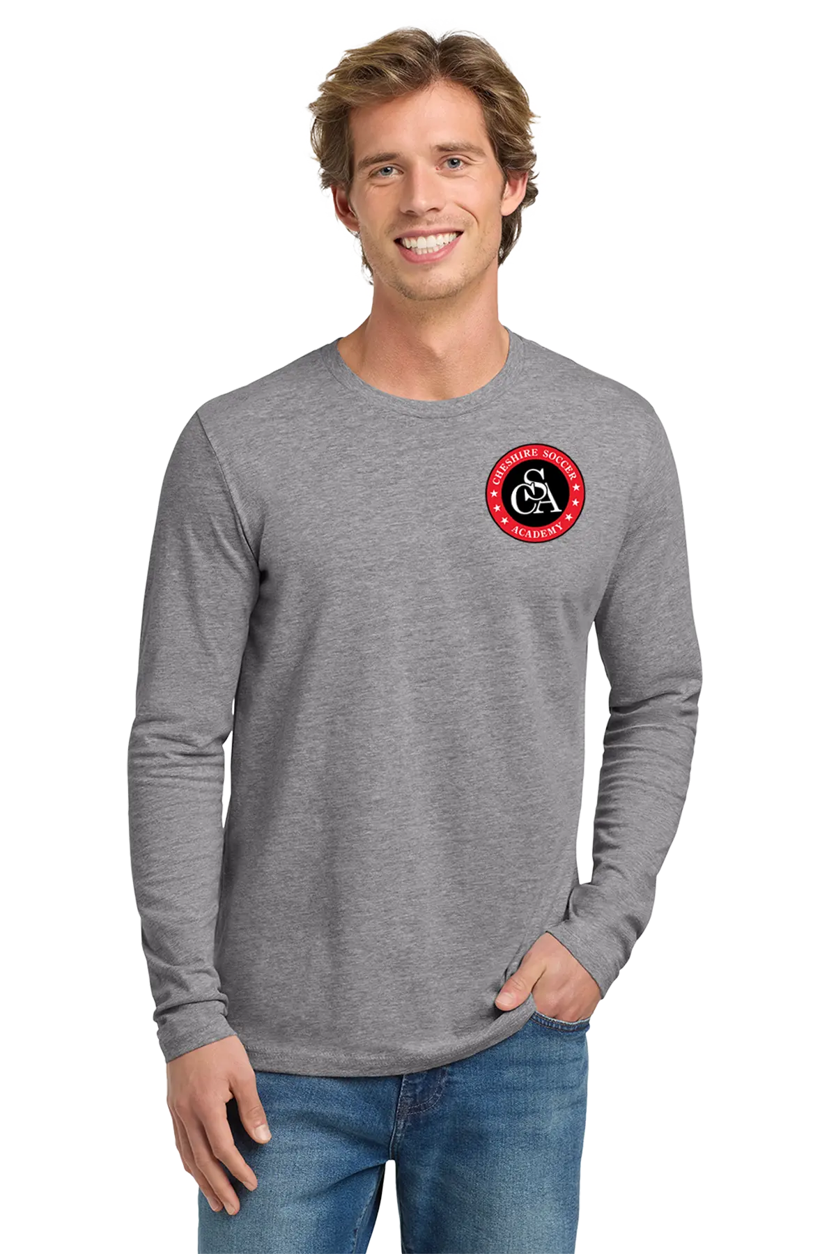 Man wearing a gray long-sleeve shirt with a logo on a white background. Paper Street Print Co, Blairstown, NJ.
