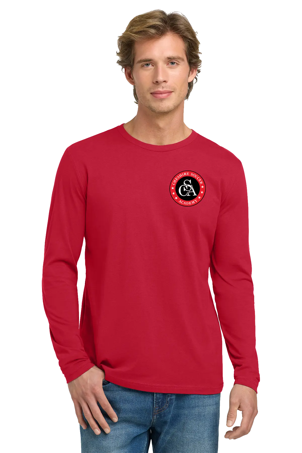 Man wearing a red long-sleeve shirt with a logo on a white background. Paper Street Print Co, Blairstown, NJ.
