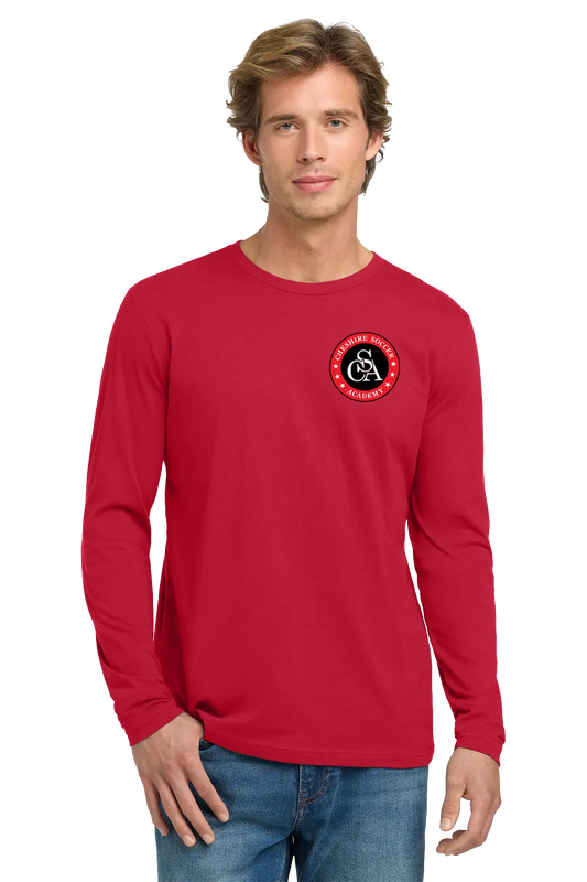 Man wearing a red long-sleeve shirt with a logo on a white background. Paper Street Print Co, Blairstown, NJ.