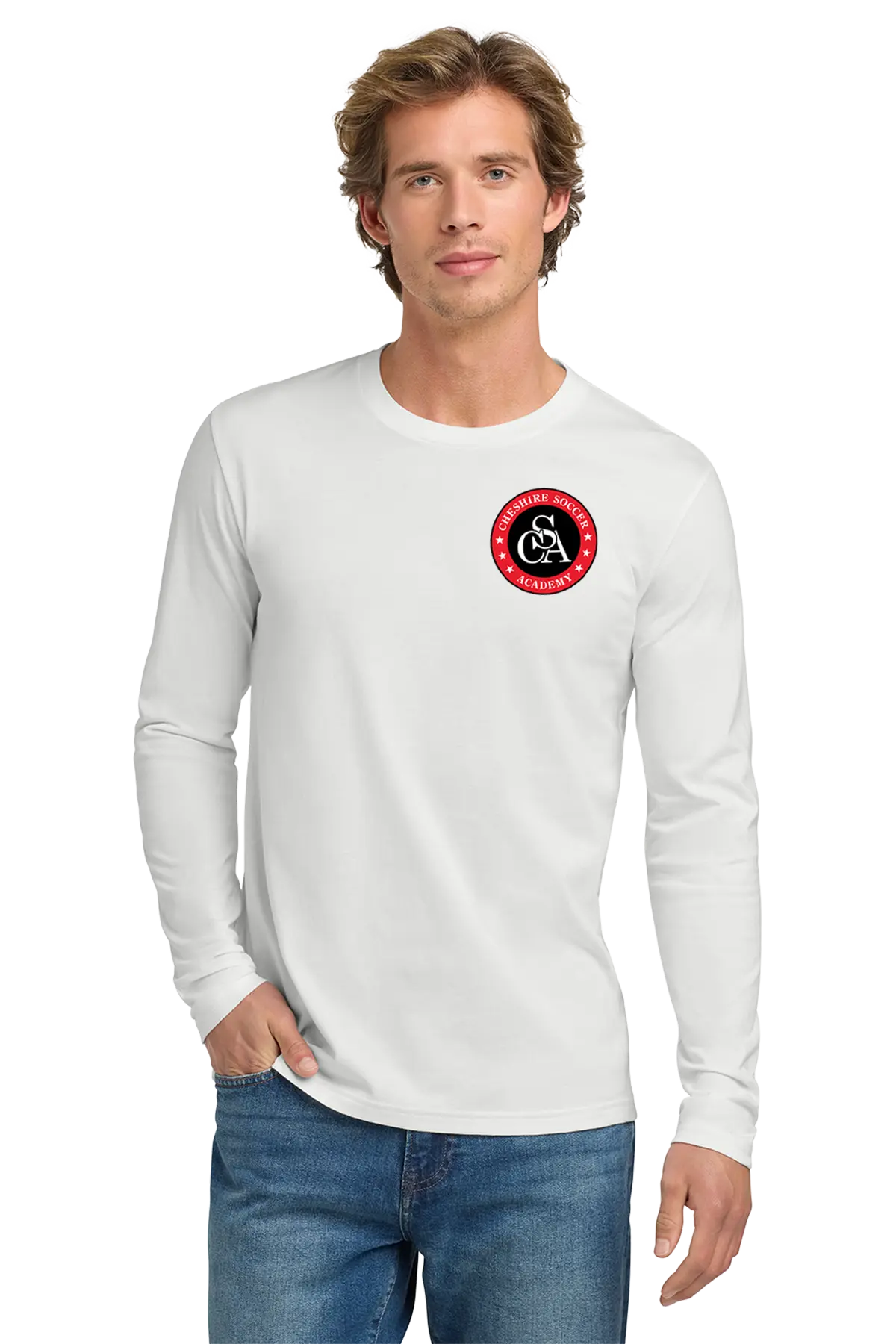 Man wearing a white long-sleeve shirt with a red and black logo on a white background. Paper Street Print Co, Blairstown, NJ.