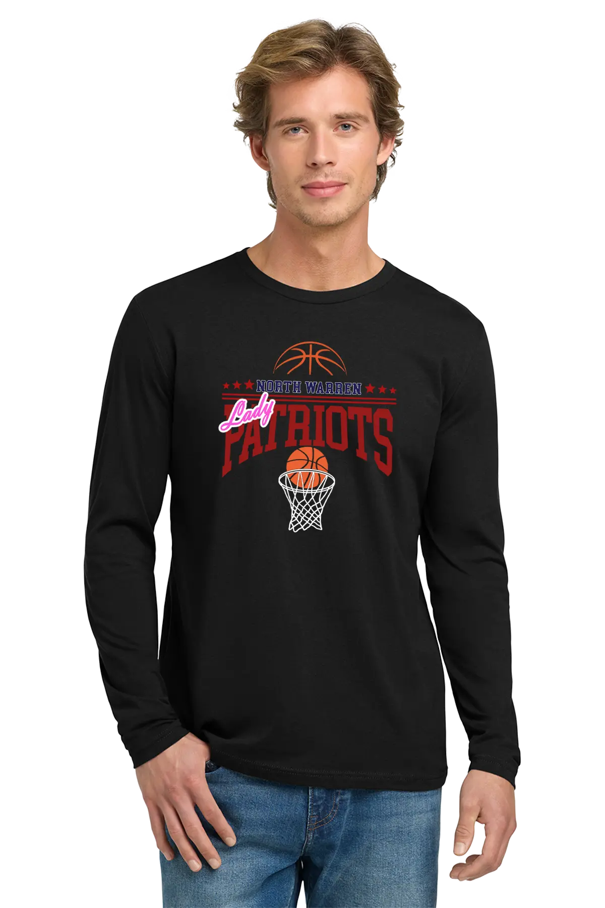 Man wearing a black long-sleeve shirt with 'Lady Patriots' basketball design on a white background. Paper Street Print Co, Blairstown, NJ.