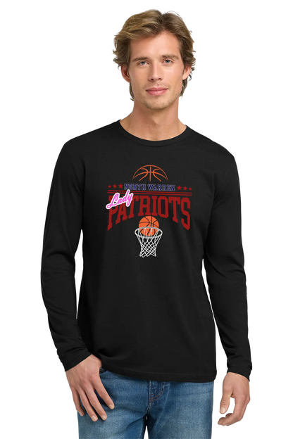 Man wearing a black long-sleeve shirt with 'Lady Patriots' basketball design on a white background. Paper Street Print Co, Blairstown, NJ.