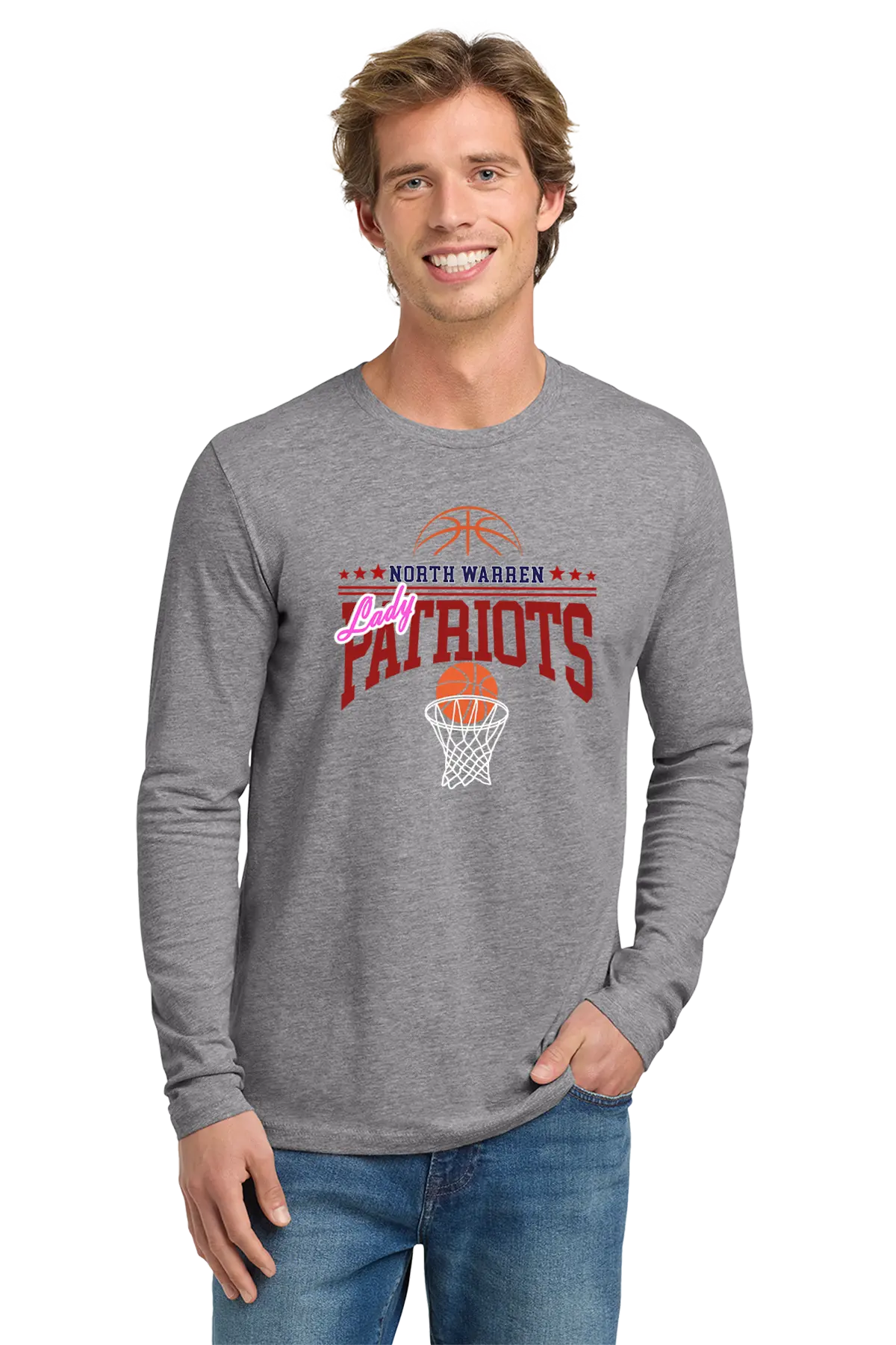Man wearing a gray long-sleeve shirt with 'Patriots' and basketball graphics on a white background. Paper Street Print Co, Blairstown, NJ.