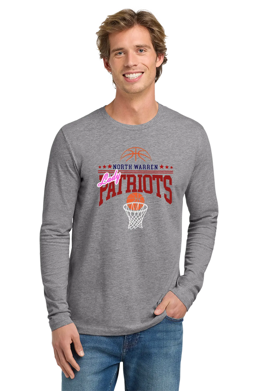 Man wearing a gray long-sleeve shirt with 'Patriots' and basketball graphics on a white background. Paper Street Print Co, Blairstown, NJ.