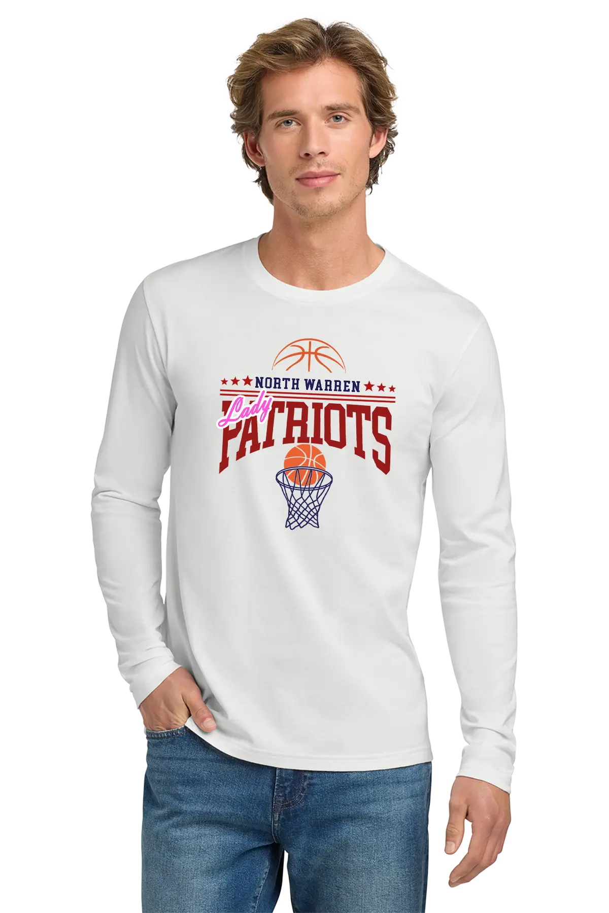 Man wearing a white long-sleeve shirt with 'North Warren Patriots' basketball design on a white background. Paper Street Print Co, Blairstown, NJ.