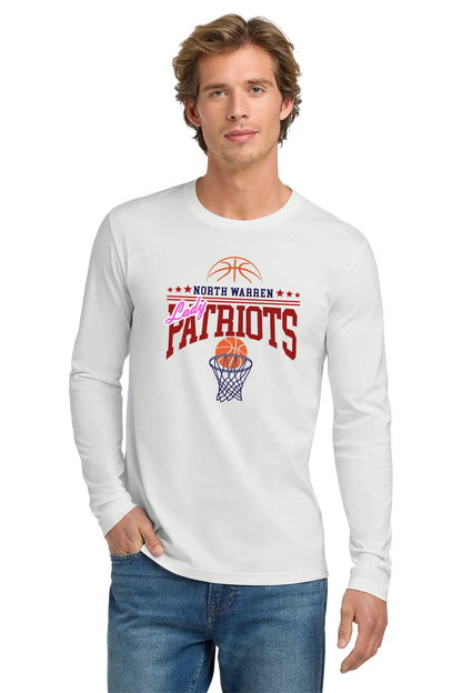 Man wearing a white long-sleeve shirt with 'North Warren Patriots' basketball design on a white background. Paper Street Print Co, Blairstown, NJ.