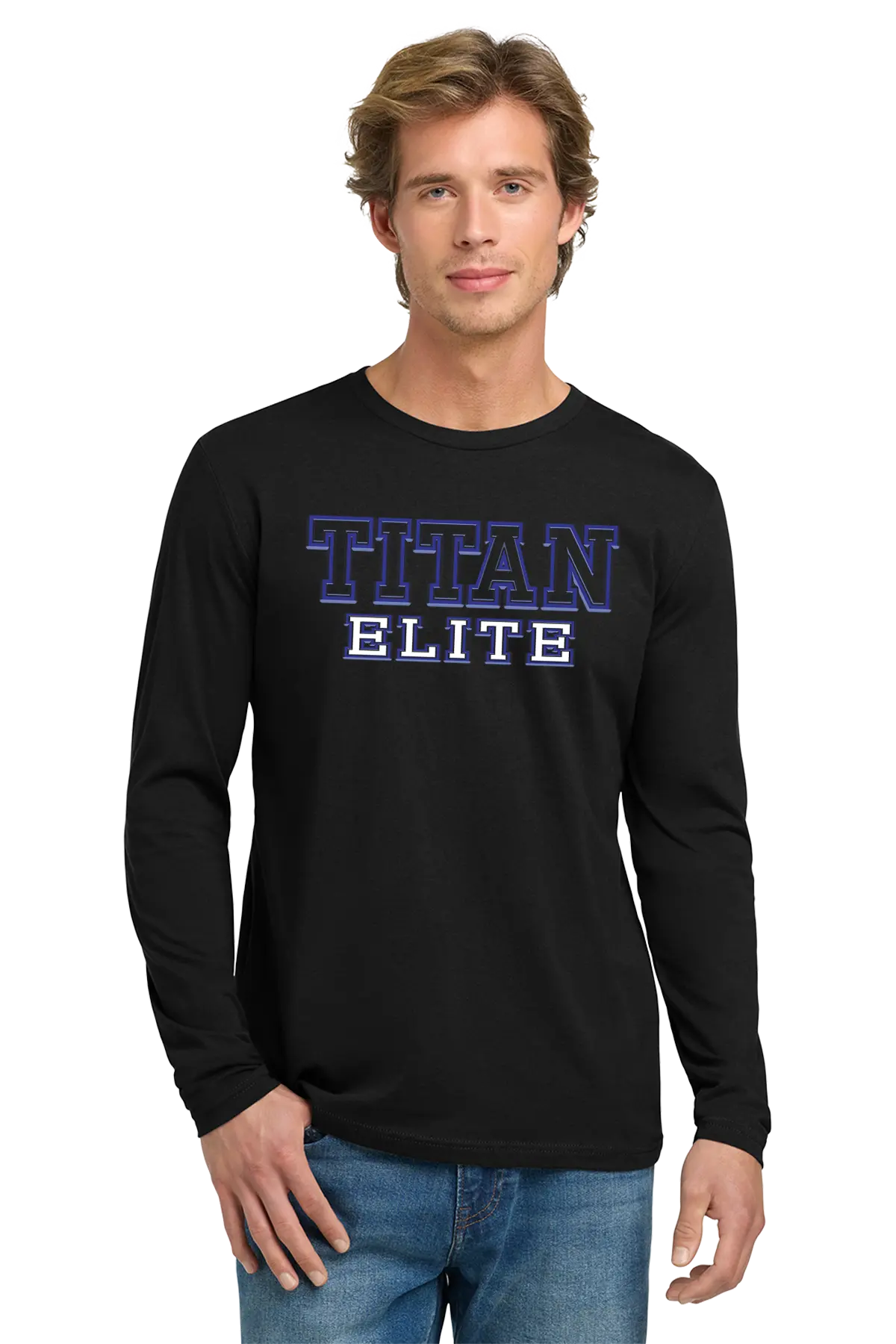 Man wearing a black long-sleeve shirt with 'TITAN ELITE' text on a white background. Paper Street Print Co, Blairstown, NJ.