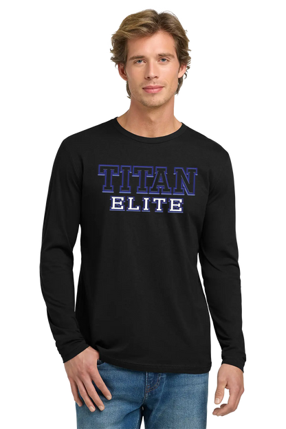 Man wearing a black long-sleeve shirt with 'TITAN ELITE' text on a white background. Paper Street Print Co, Blairstown, NJ.
