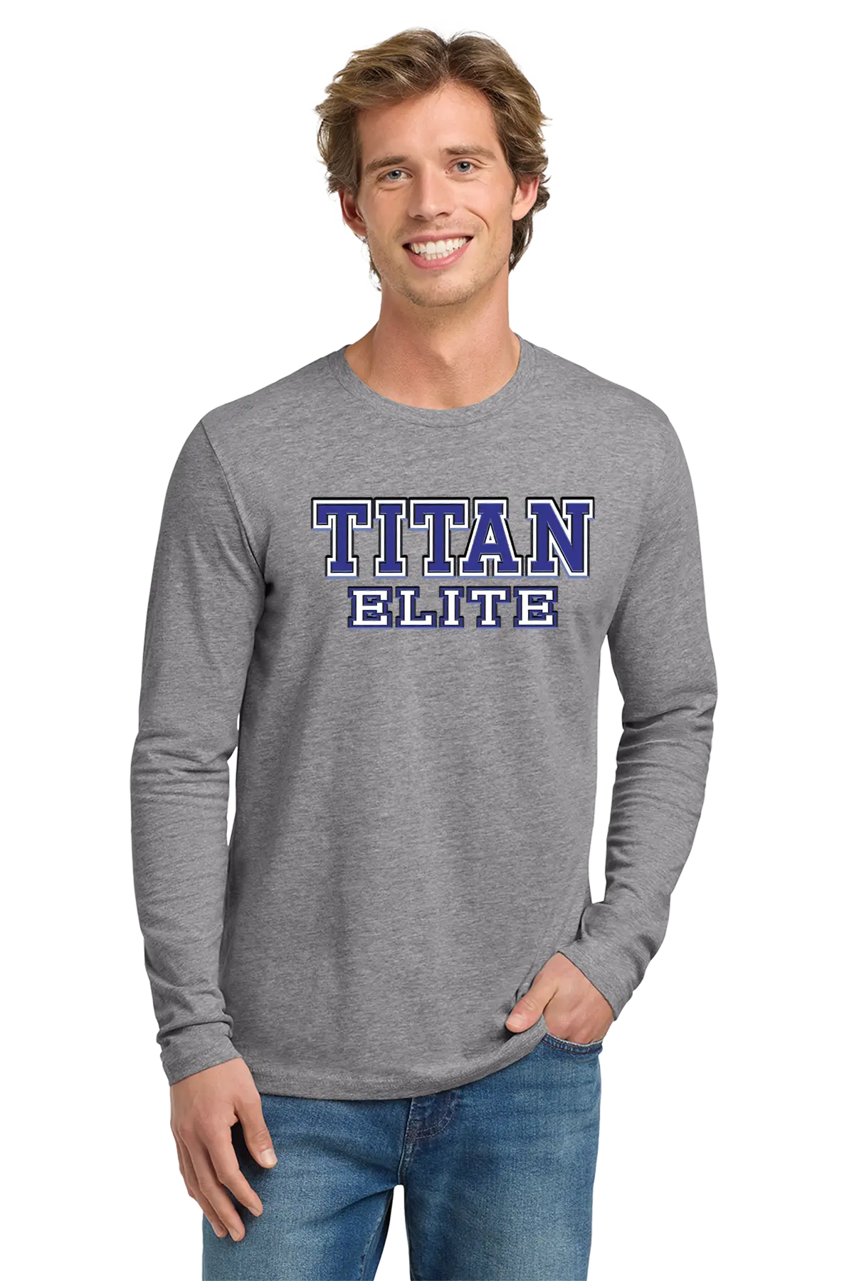 Man wearing a gray long-sleeve shirt with 'TITAN ELITE' text on a white background. Paper Street Print Co, Blairstown, NJ.