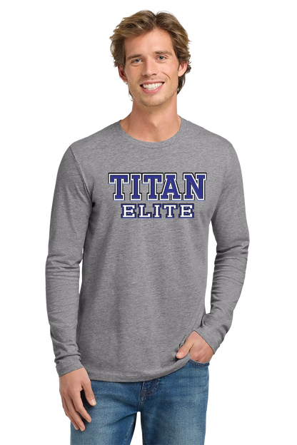 Man wearing a gray long-sleeve shirt with 'TITAN ELITE' text on a white background. Paper Street Print Co, Blairstown, NJ.