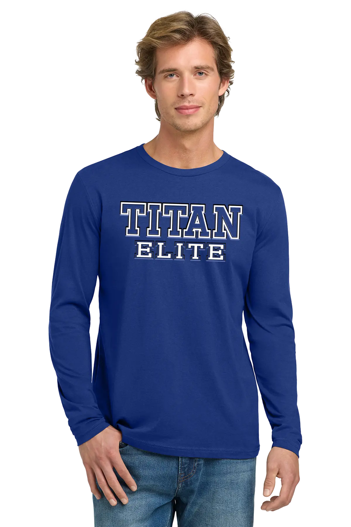 Man wearing a blue long-sleeve shirt with 'TITAN ELITE' text on a white background. Paper Street Print Co, Blairstown, NJ.