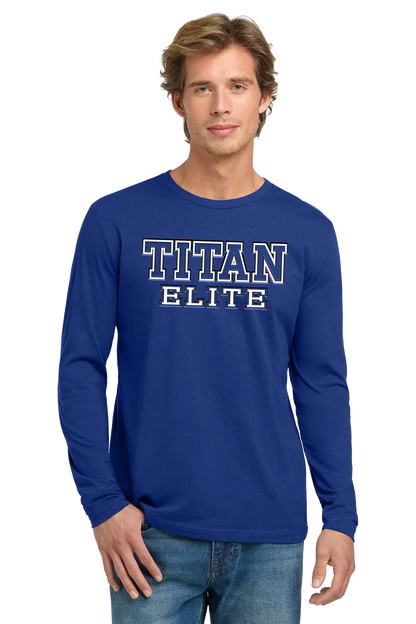 Man wearing a blue long-sleeve shirt with 'TITAN ELITE' text on a white background. Paper Street Print Co, Blairstown, NJ.