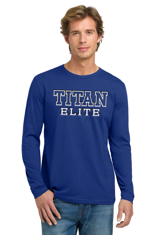 Man wearing a blue long-sleeve shirt with 'TITAN ELITE' text on a white background. Paper Street Print Co, Blairstown, NJ.