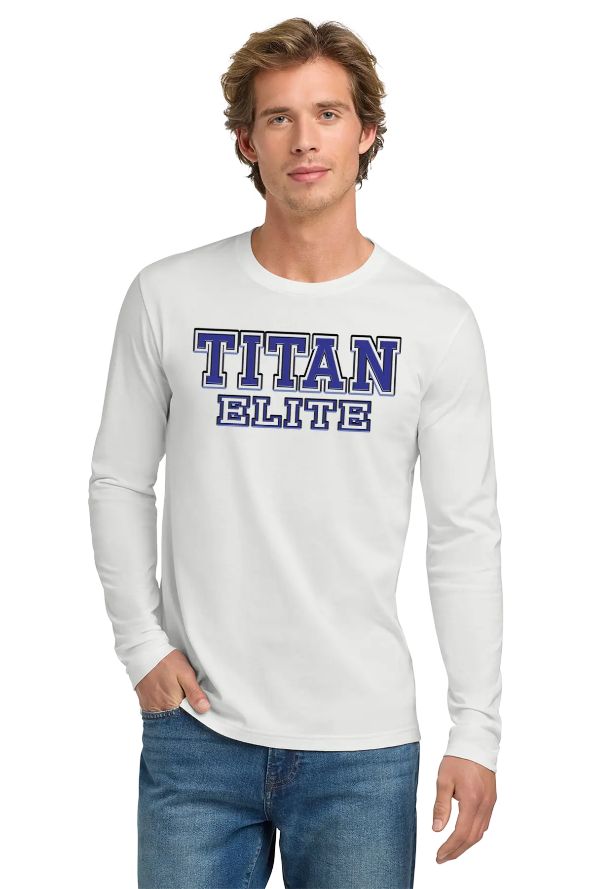Man wearing a white long-sleeve shirt with 'TITAN ELITE' text on a white background. Paper Street Print Co, Blairstown, NJ.