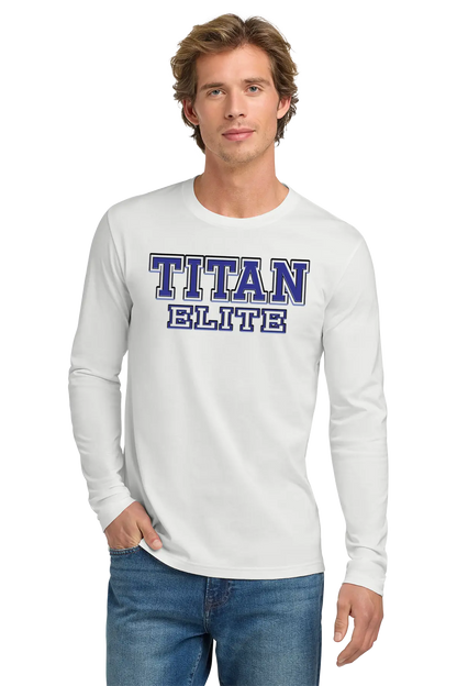 Man wearing a white long-sleeve shirt with 'TITAN ELITE' text on a white background. Paper Street Print Co, Blairstown, NJ.