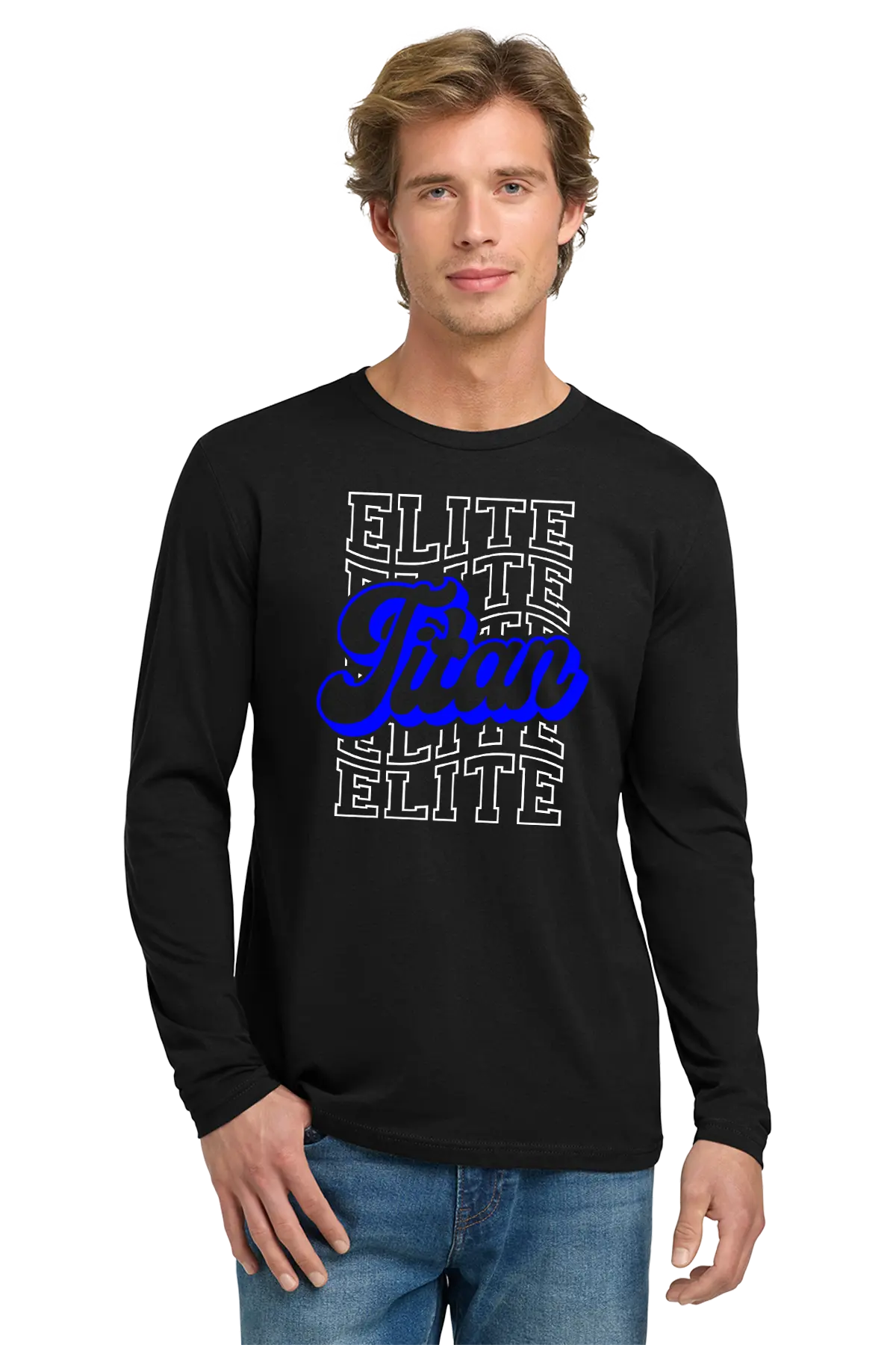 Man wearing a black long-sleeve shirt with 'Elite' text design on a white background. Paper Street Print Co, Blairstown, NJ.