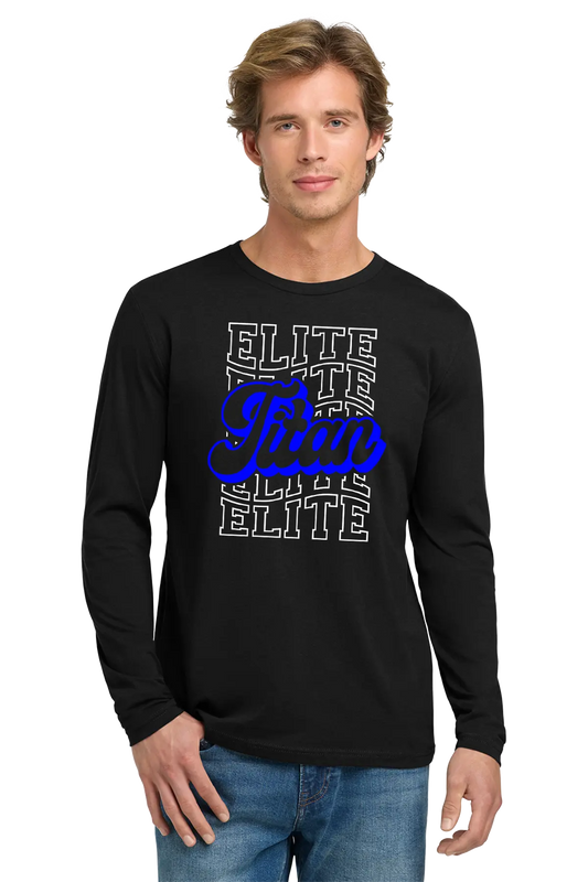 Man wearing a black long-sleeve shirt with 'Elite' text design on a white background. Paper Street Print Co, Blairstown, NJ.
