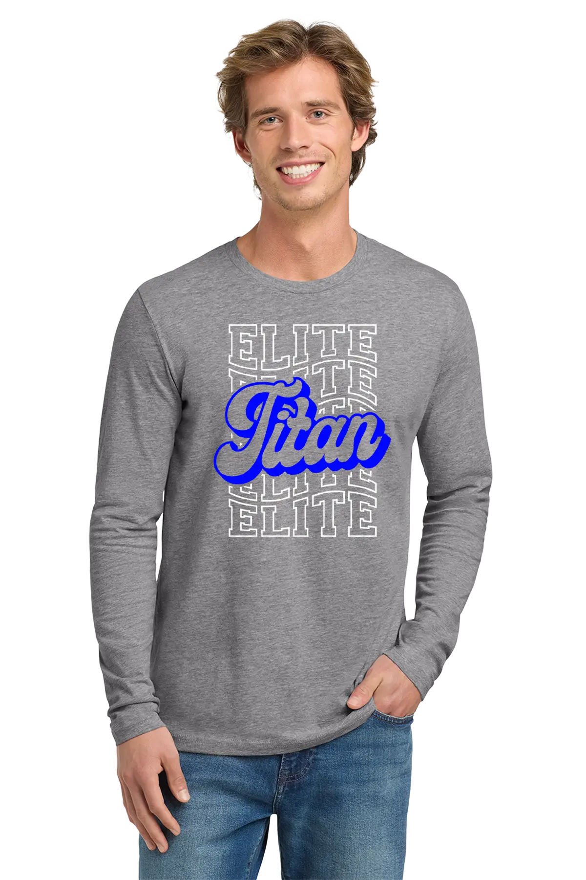 Man wearing a gray long-sleeve shirt with 'Elite Titan' text on a white background. Paper Street Print Co, Blairstown, NJ.