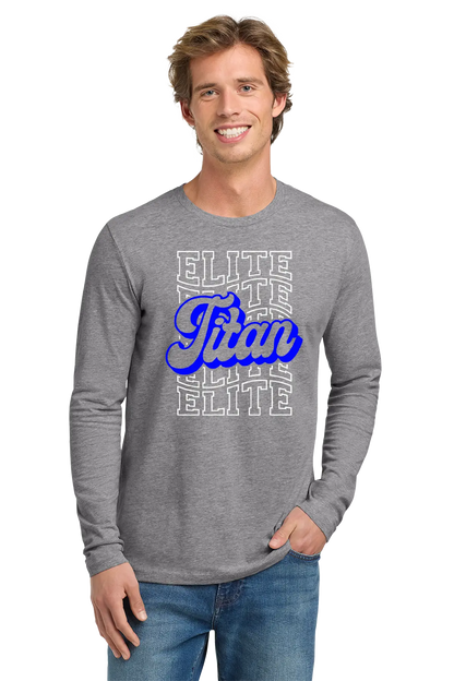 Man wearing a gray long-sleeve shirt with 'Elite Titan' text on a white background. Paper Street Print Co, Blairstown, NJ.