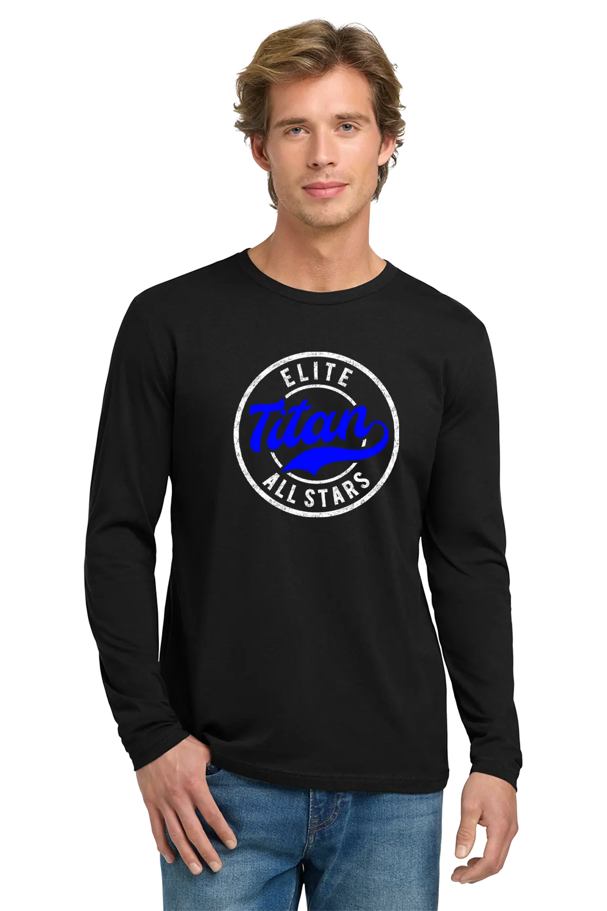 Man wearing a black long-sleeve shirt with 'Elite Titan All Stars' logo on a white background. Paper Street Print Co, Blairstown, NJ.