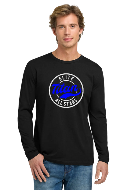 Man wearing a black long-sleeve shirt with 'Elite Titan All Stars' logo on a white background. Paper Street Print Co, Blairstown, NJ.