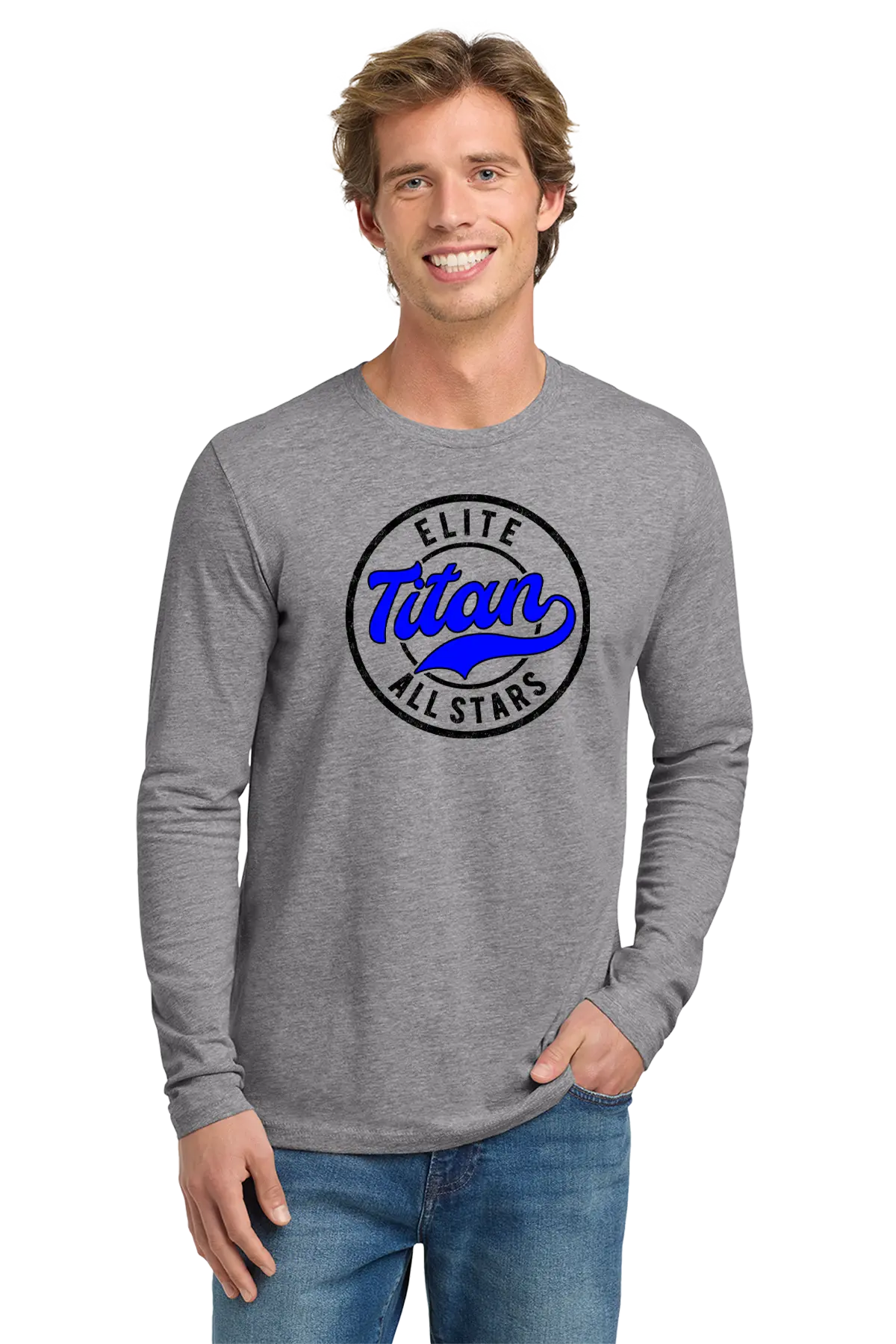 Man wearing a gray long-sleeve shirt with 'Elite Titan All Stars' logo on a white background. Paper Street Print Co, Blairstown, NJ.