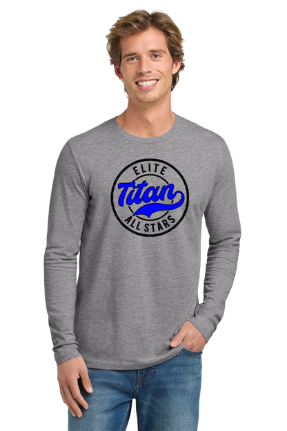 Man wearing a gray long-sleeve shirt with 'Elite Titan All Stars' logo on a white background. Paper Street Print Co, Blairstown, NJ.