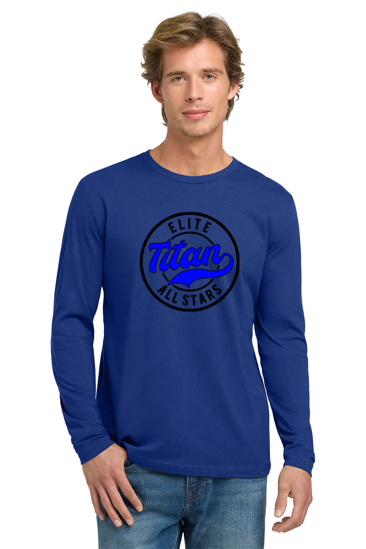 Man wearing a blue long-sleeve shirt with 'Elite Titan All Stars' print on a white background. Paper Street Print Co, Blairstown, NJ.